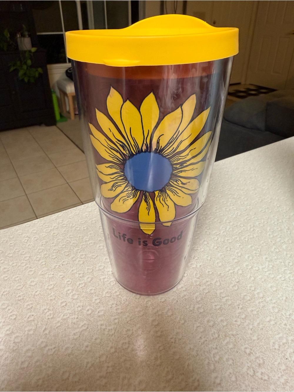 Life Is Good Yellow Sunflower Travel Tumbler with Blue Center